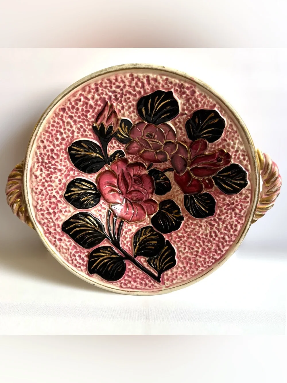 Vtg Vallauris France Majolica Rose Floral Relief Platter MCM Hollywood Regency